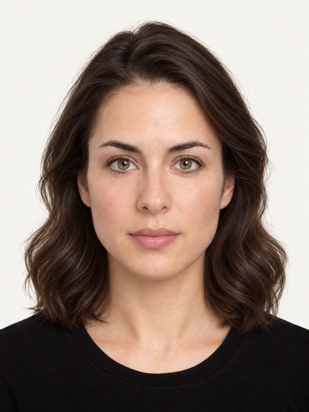 The same fictional person with luminous skin, polished hair and makeup against a warm white studio background